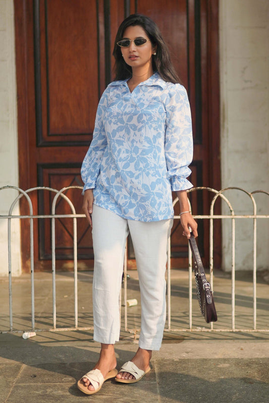 White Blue Satin Shirt