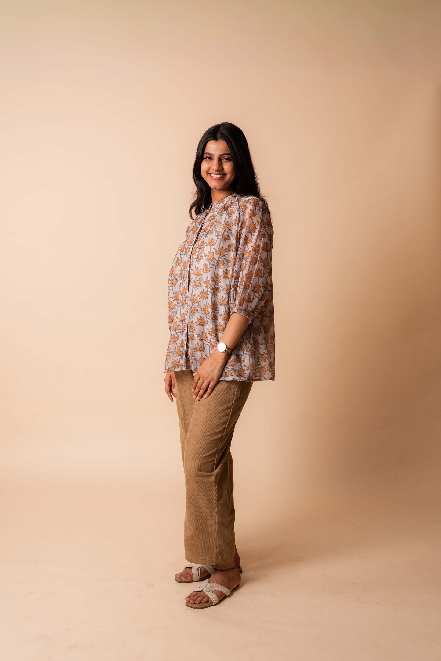 Beige Lotus Bloom Chanderi Cotton Shirt