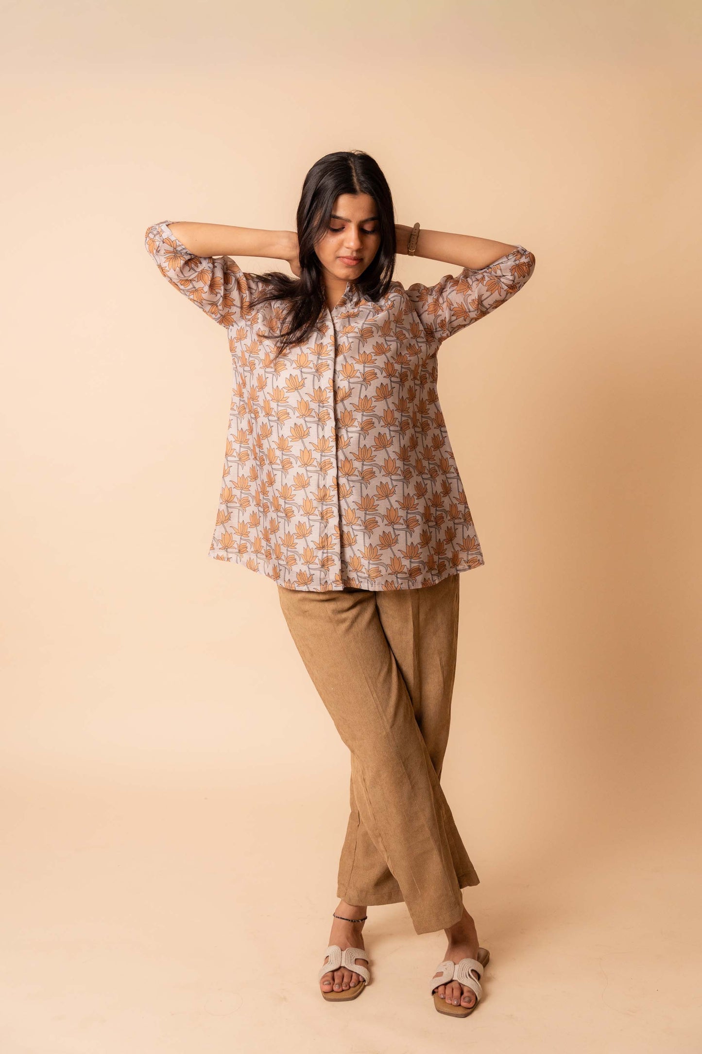 Beige Lotus Bloom Chanderi Cotton Shirt