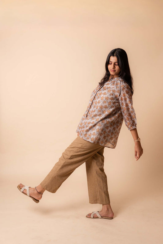 Beige Lotus Bloom Chanderi Cotton Shirt