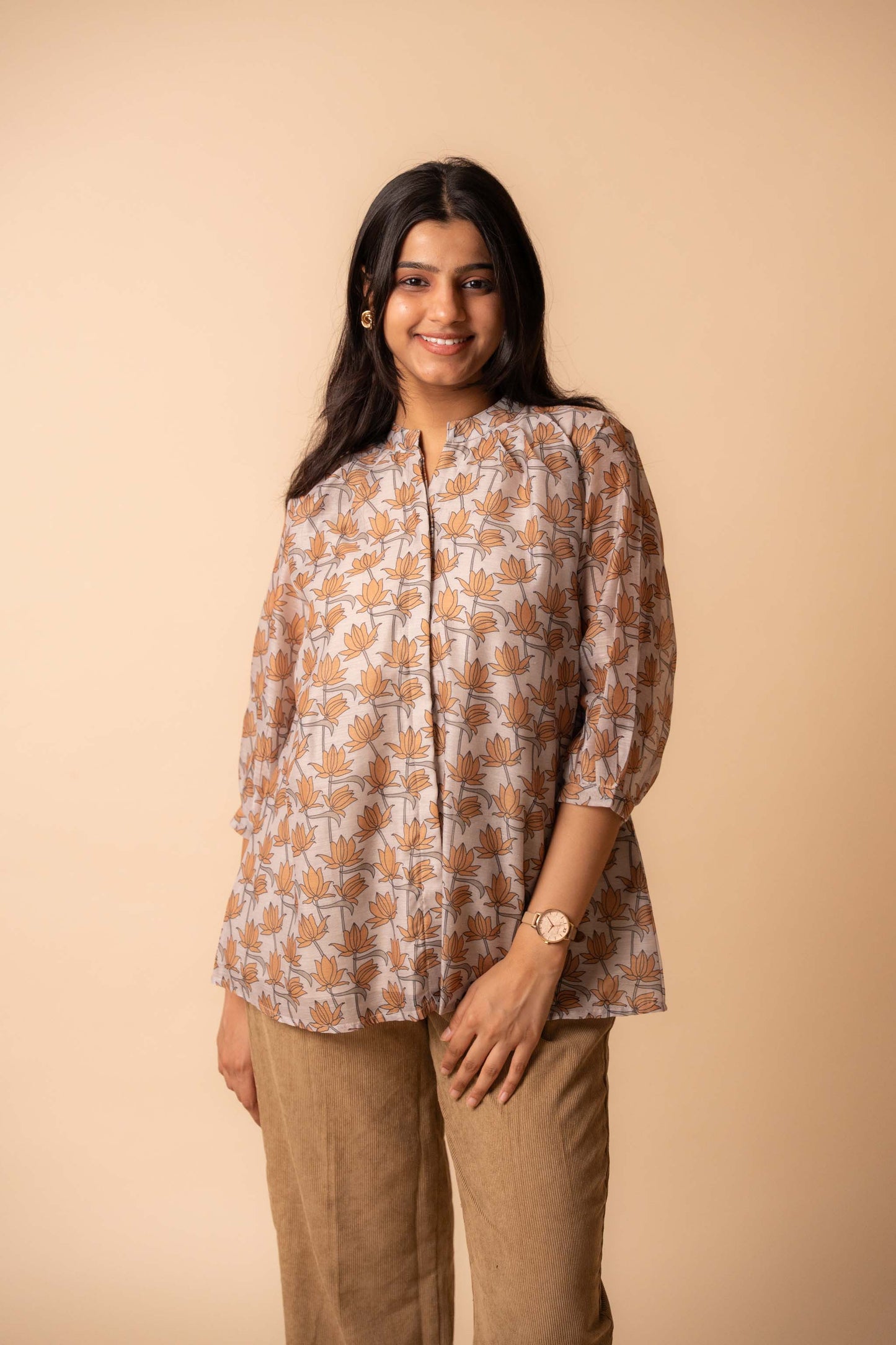 Beige Lotus Bloom Chanderi Cotton Shirt