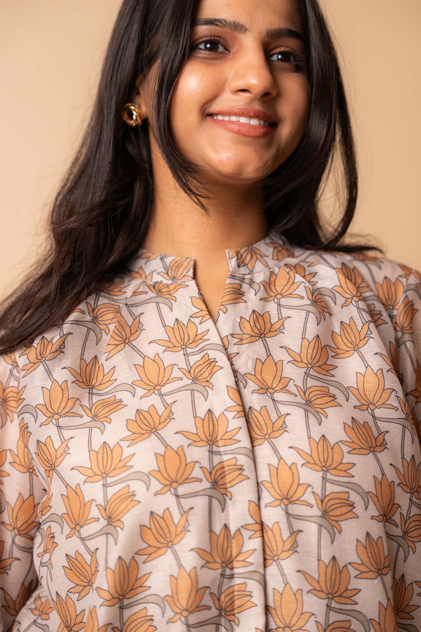 Beige Lotus Bloom Chanderi Cotton Shirt