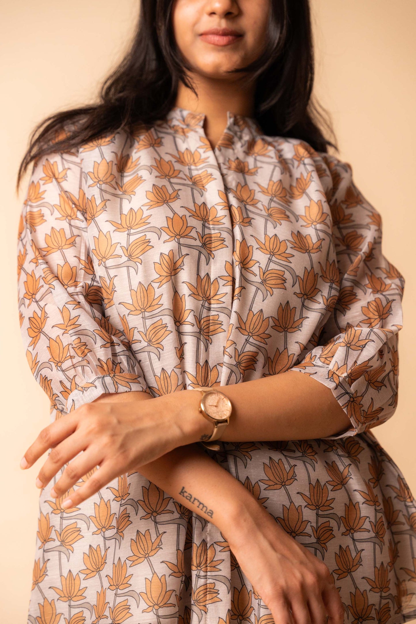 Beige Lotus Bloom Chanderi Cotton Shirt