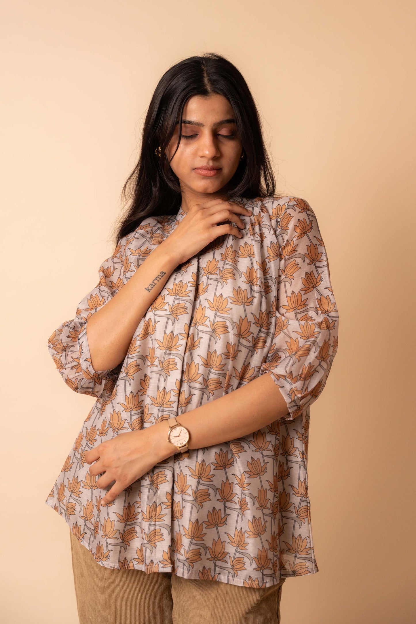Beige Lotus Bloom Chanderi Cotton Shirt