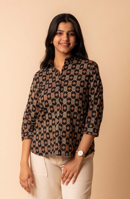 Black Ajrakh Printed Cotton Shirt