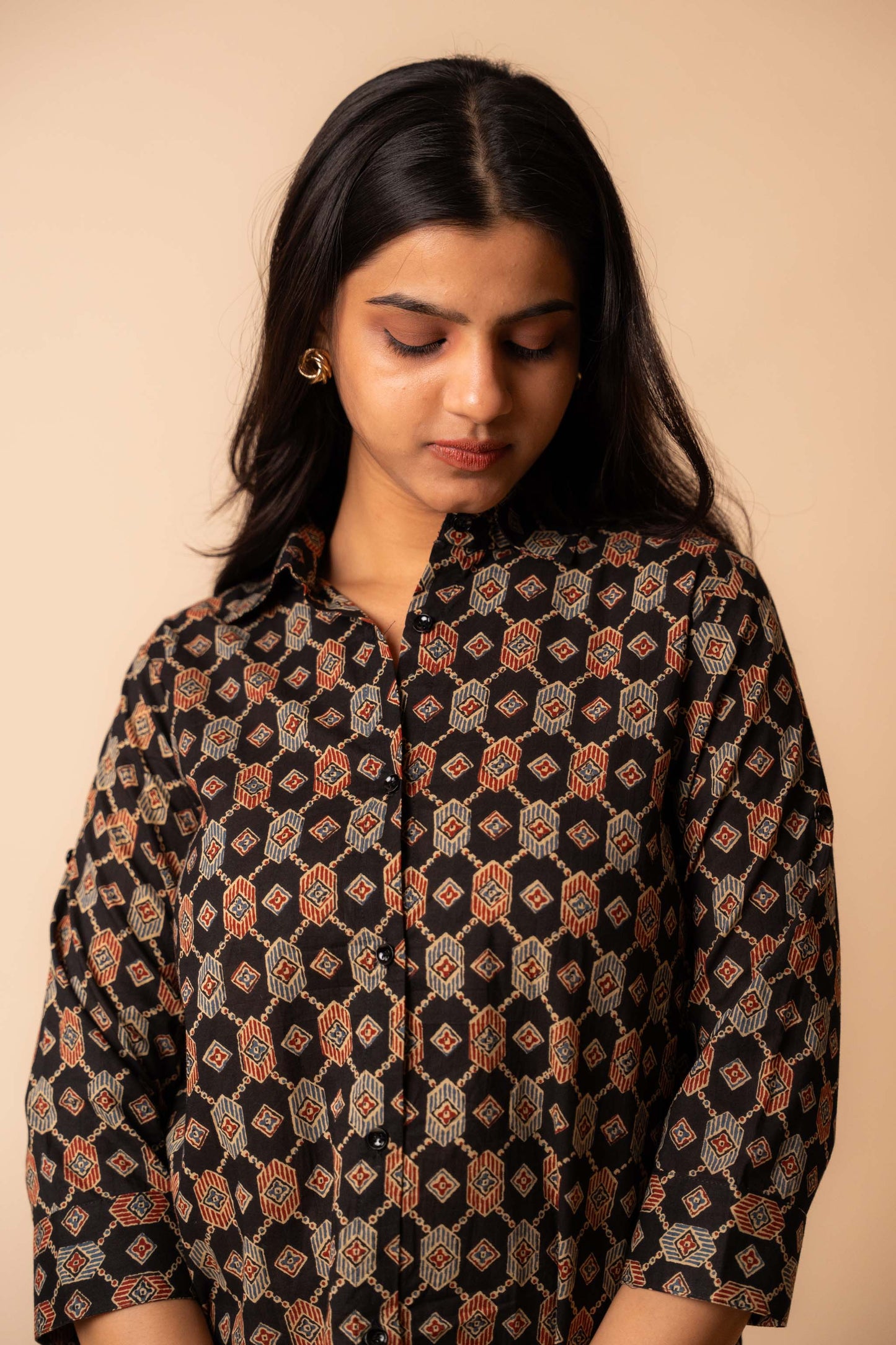 Black Ajrakh Printed Cotton Shirt