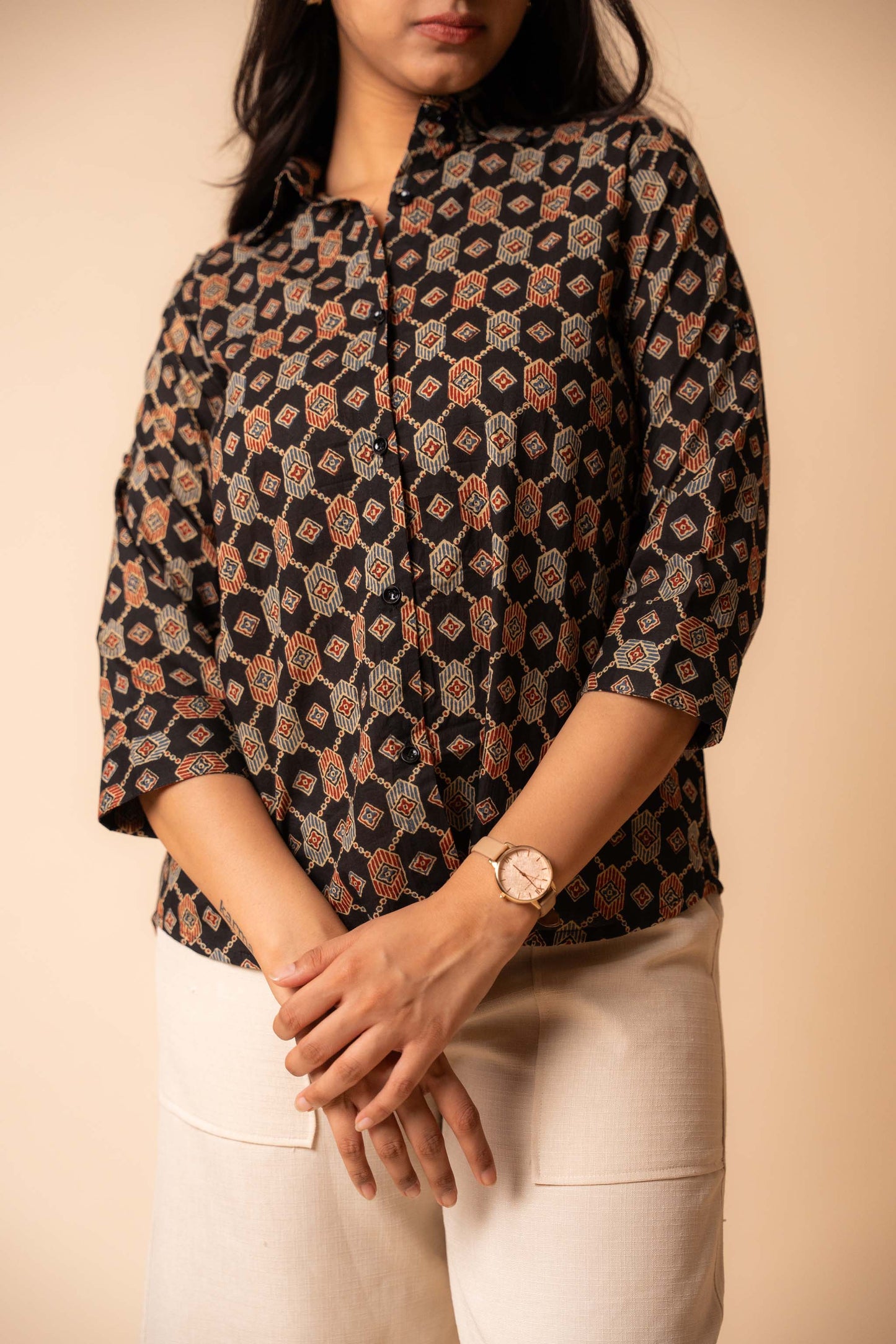 Black Ajrakh Printed Cotton Shirt