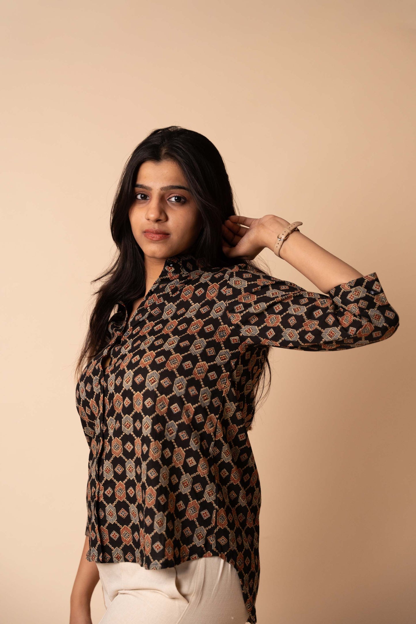 Black Ajrakh Printed Cotton Shirt