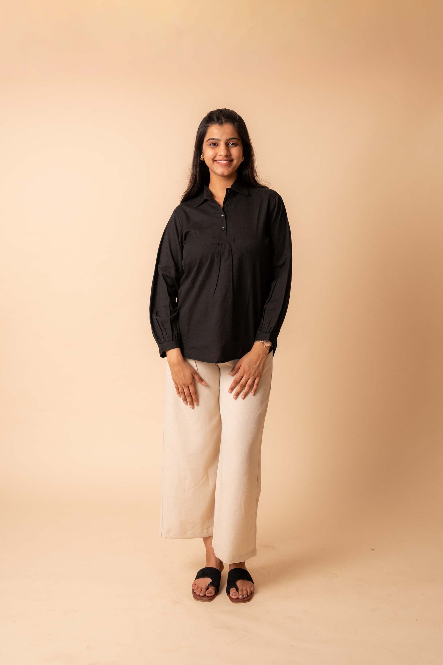 Black Solid Flex Cotton Top