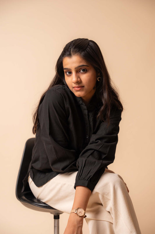 Black Solid Flex Cotton Top