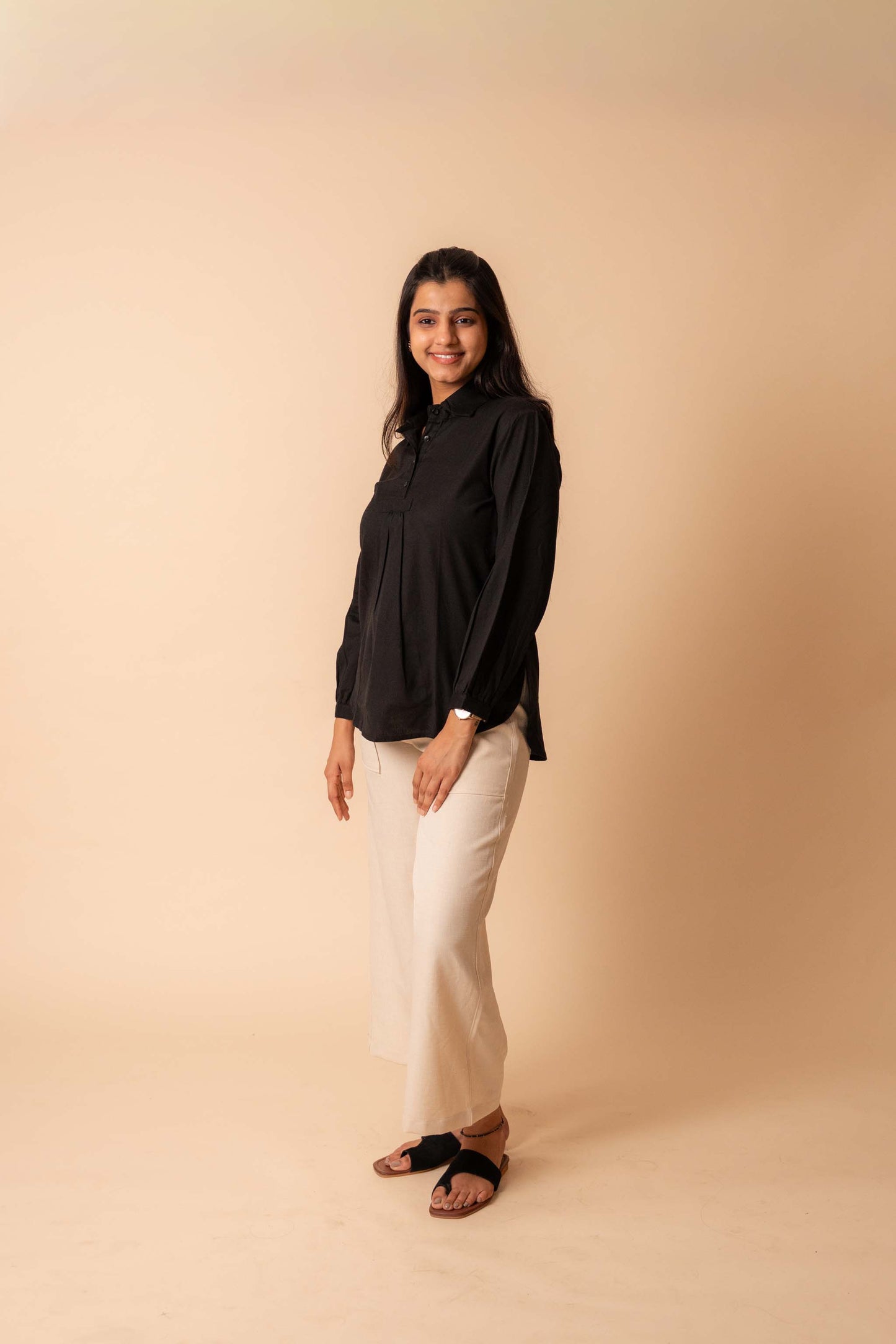 Black Solid Flex Cotton Top