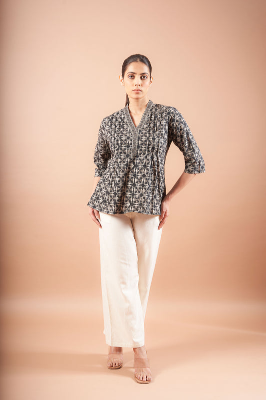 Black Ajrakh Straight Cotton Top