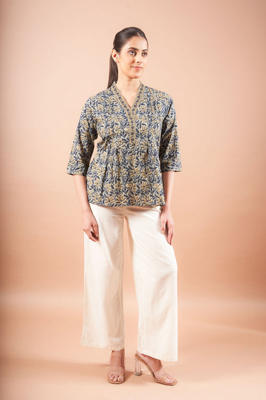 Green Ajrakh Straight Cotton Top