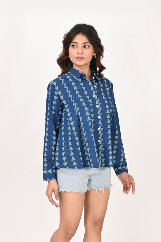 Blue Geometric Pleated Shirt