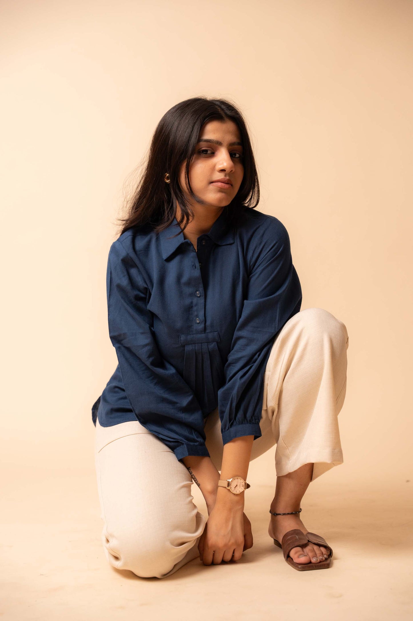 Blue Solid Flex Cotton Top