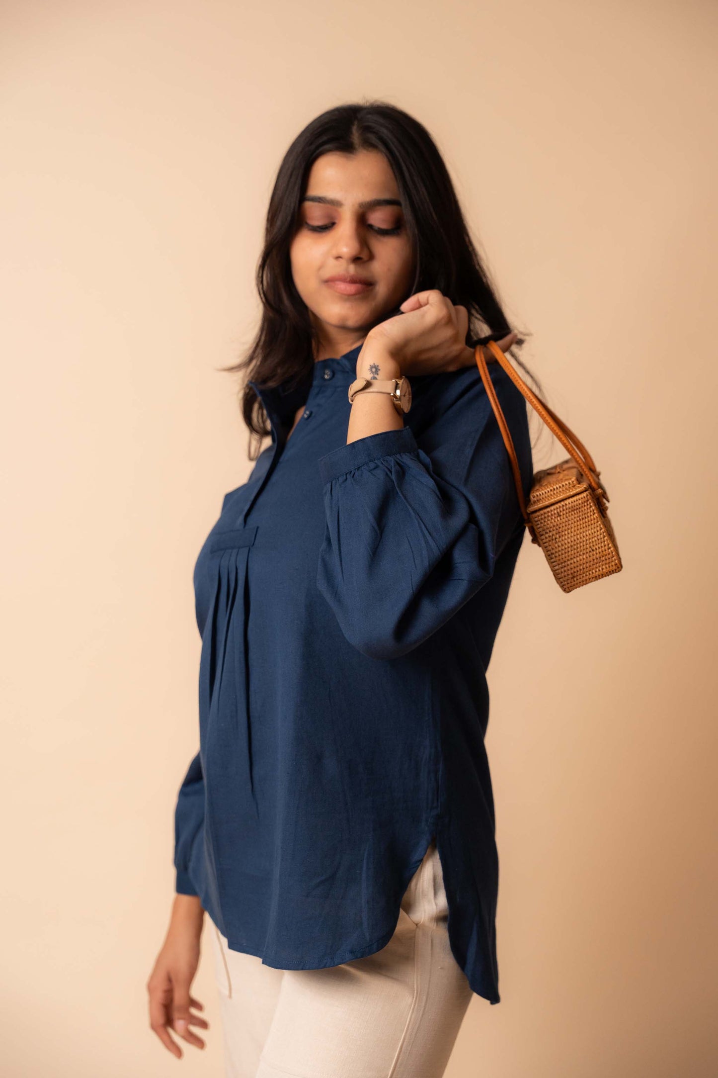 Blue Solid Flex Cotton Top