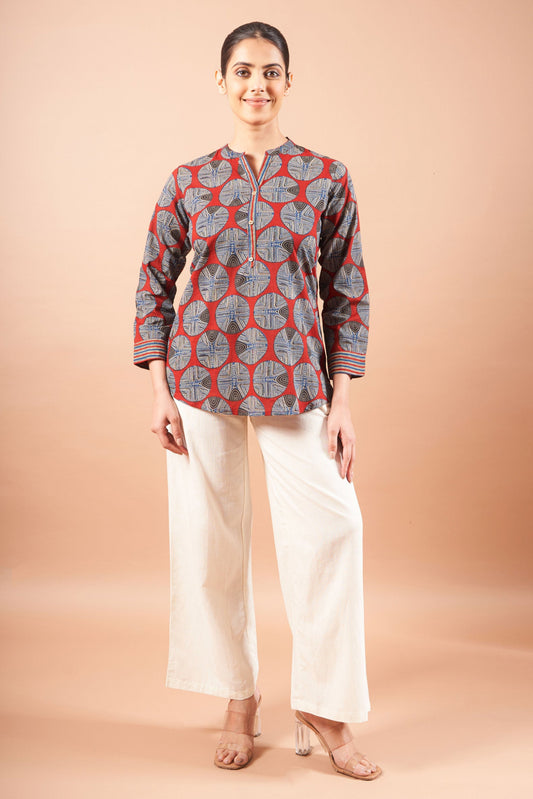 Brick Red Ajrak Straight Fit Cotton Top