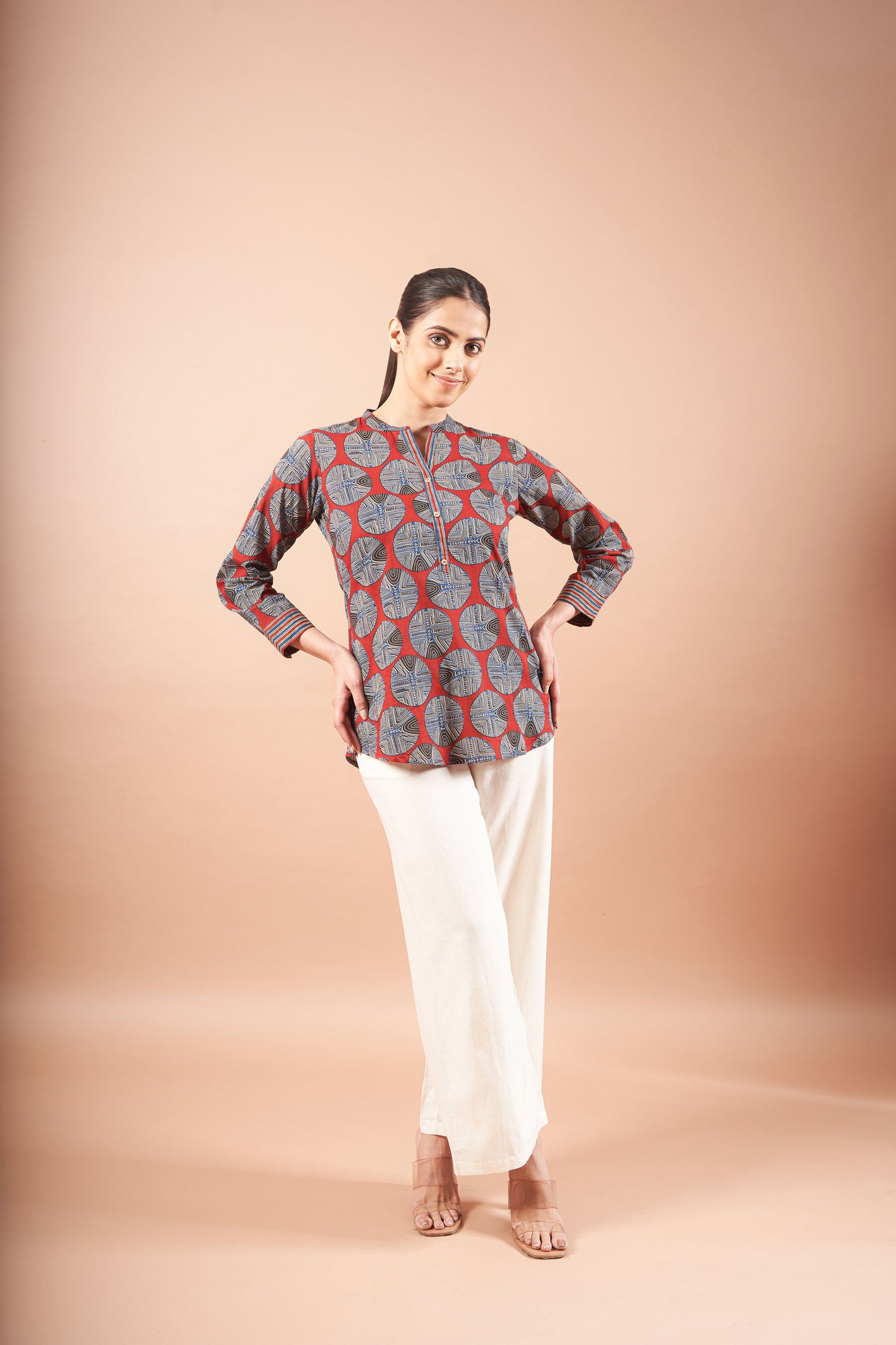 Brick Red Ajrak Straight Fit Cotton Top