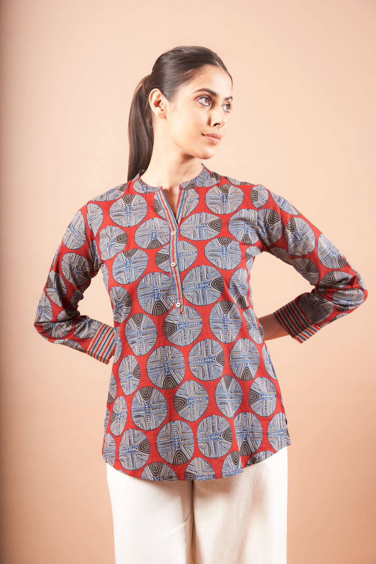 Brick Red Ajrak Straight Fit Cotton Top