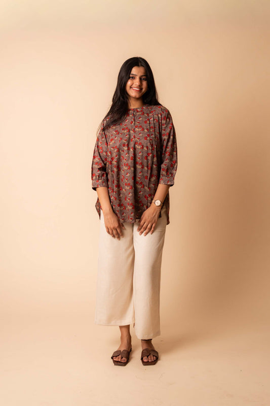 Brown Mandarin Collar Cotton Shirt