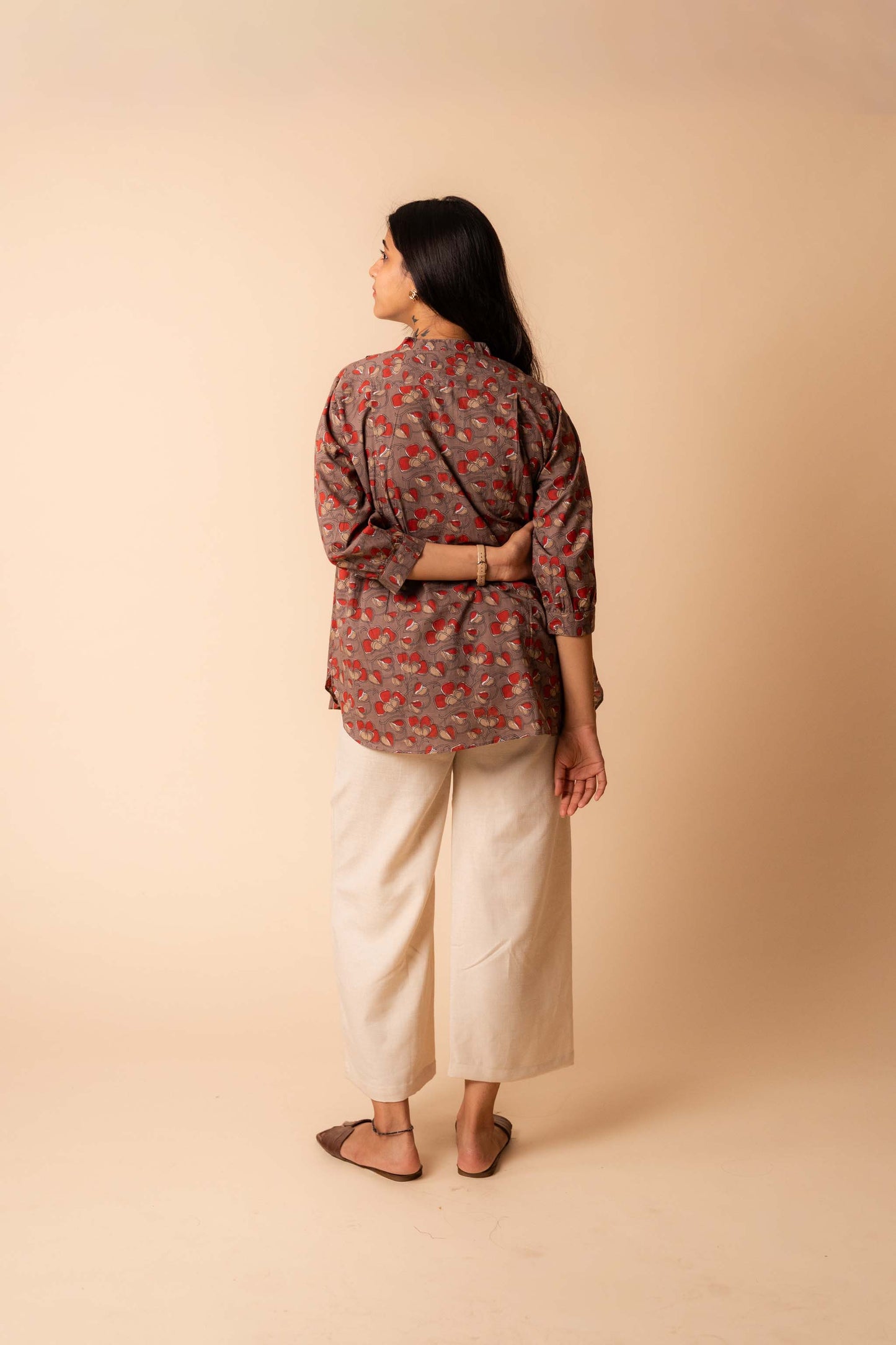 Brown Mandarin Collar Cotton Shirt