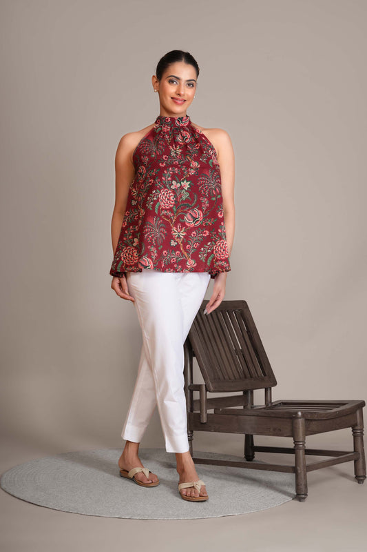 Crimson Red Floral Cotton Halter Top