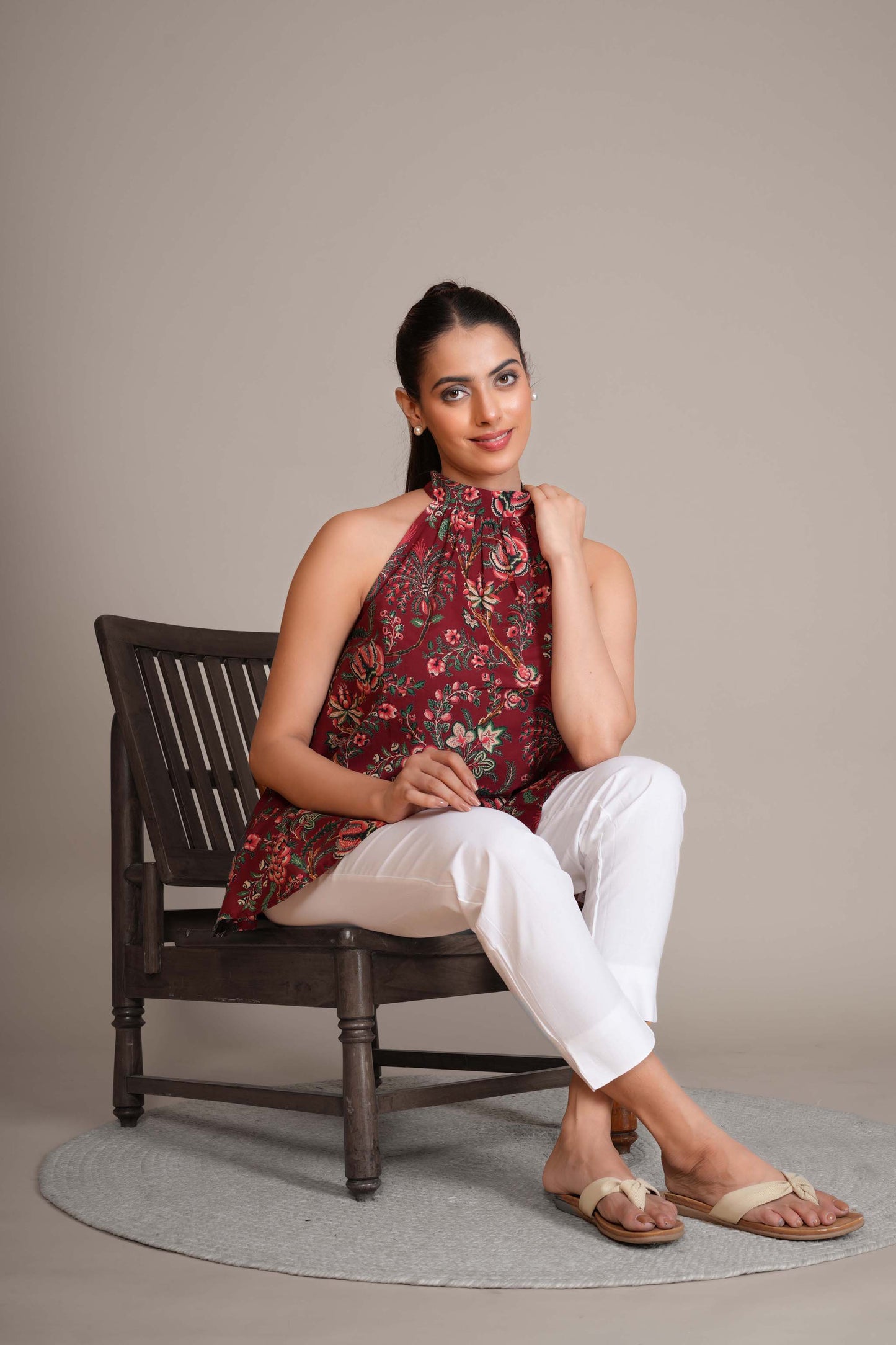 Crimson Red Floral Cotton Halter Top