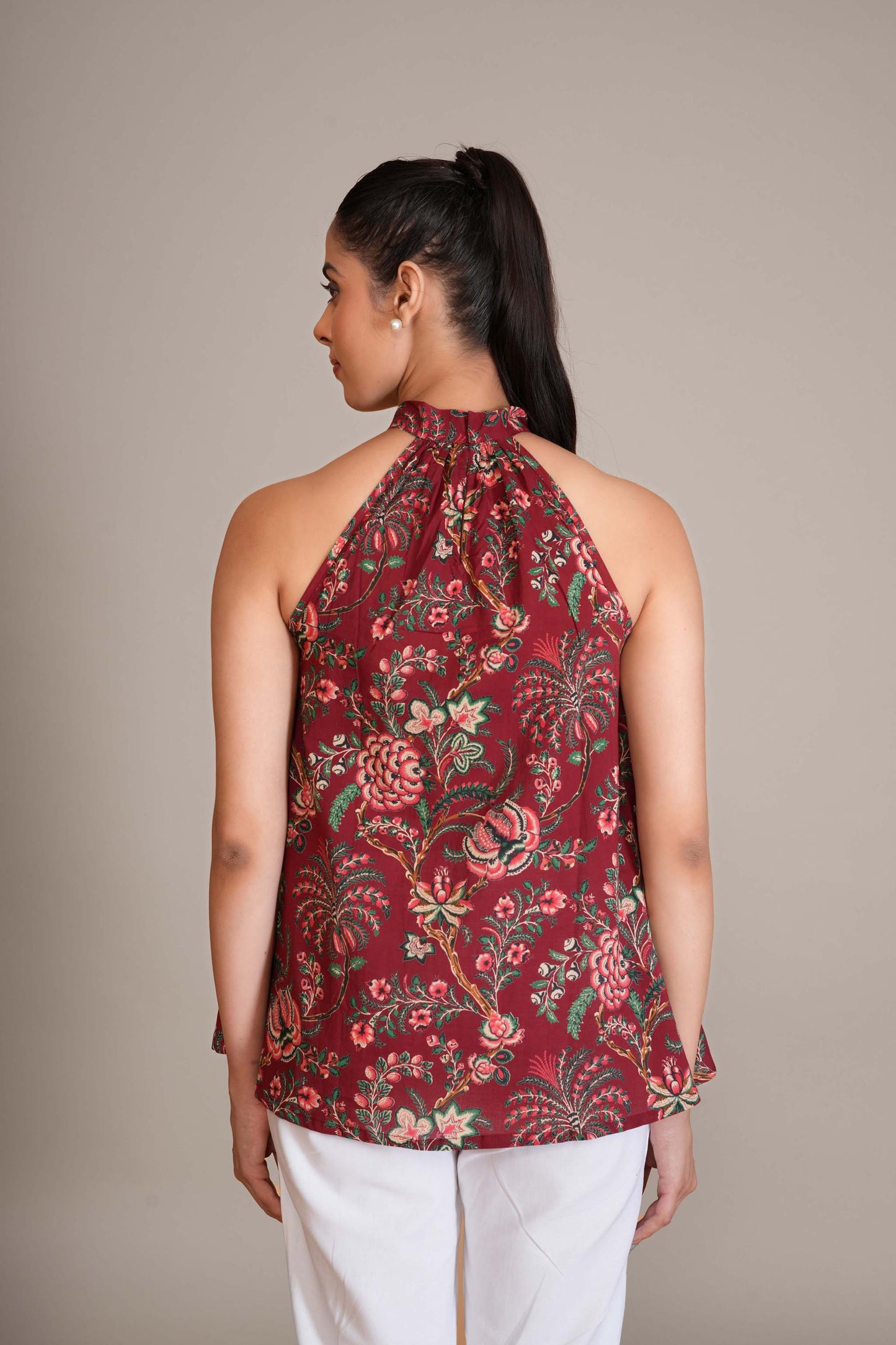 Crimson Red Floral Cotton Halter Top