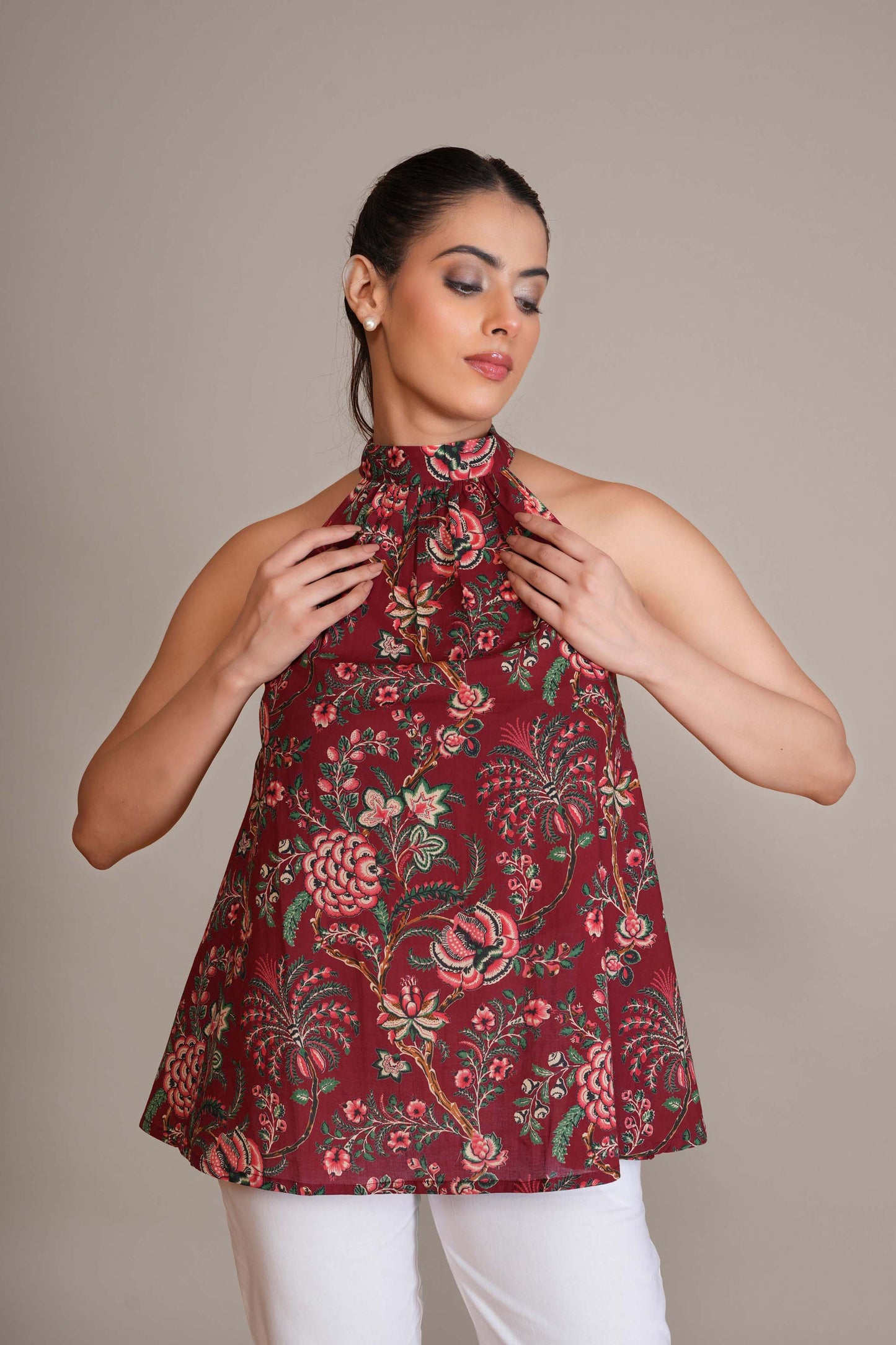 Crimson Red Floral Cotton Halter Top