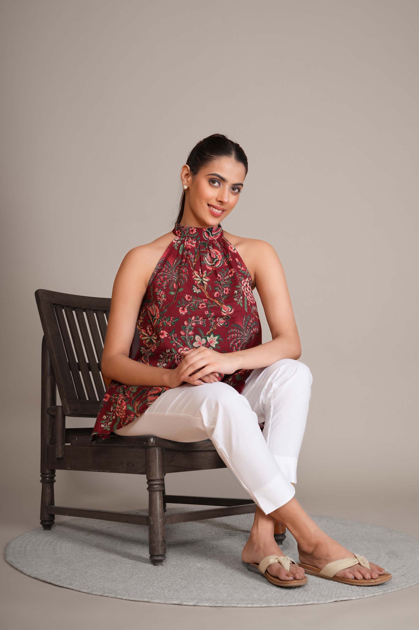Crimson Red Floral Cotton Halter Top