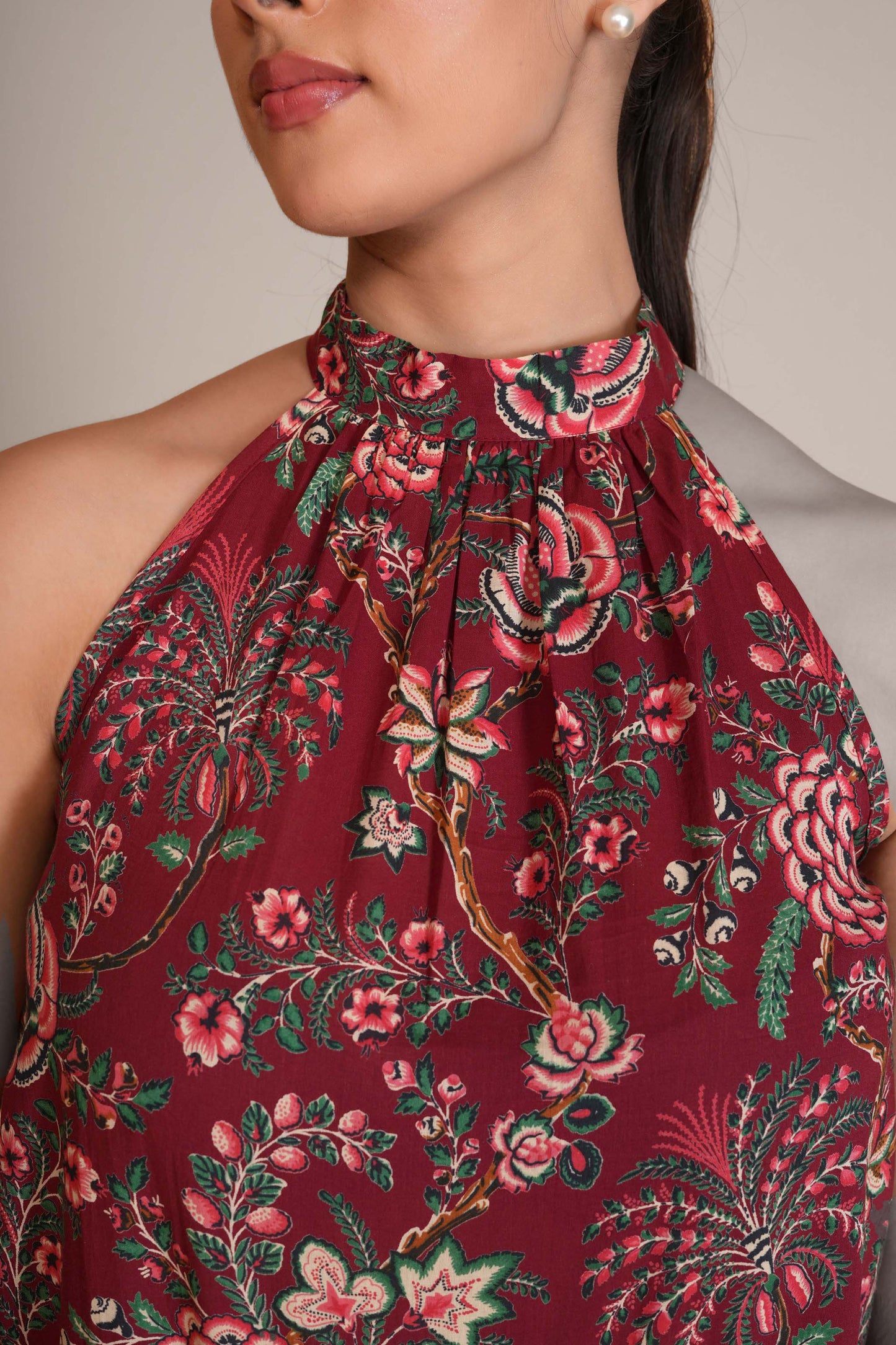 Crimson Red Floral Cotton Halter Top