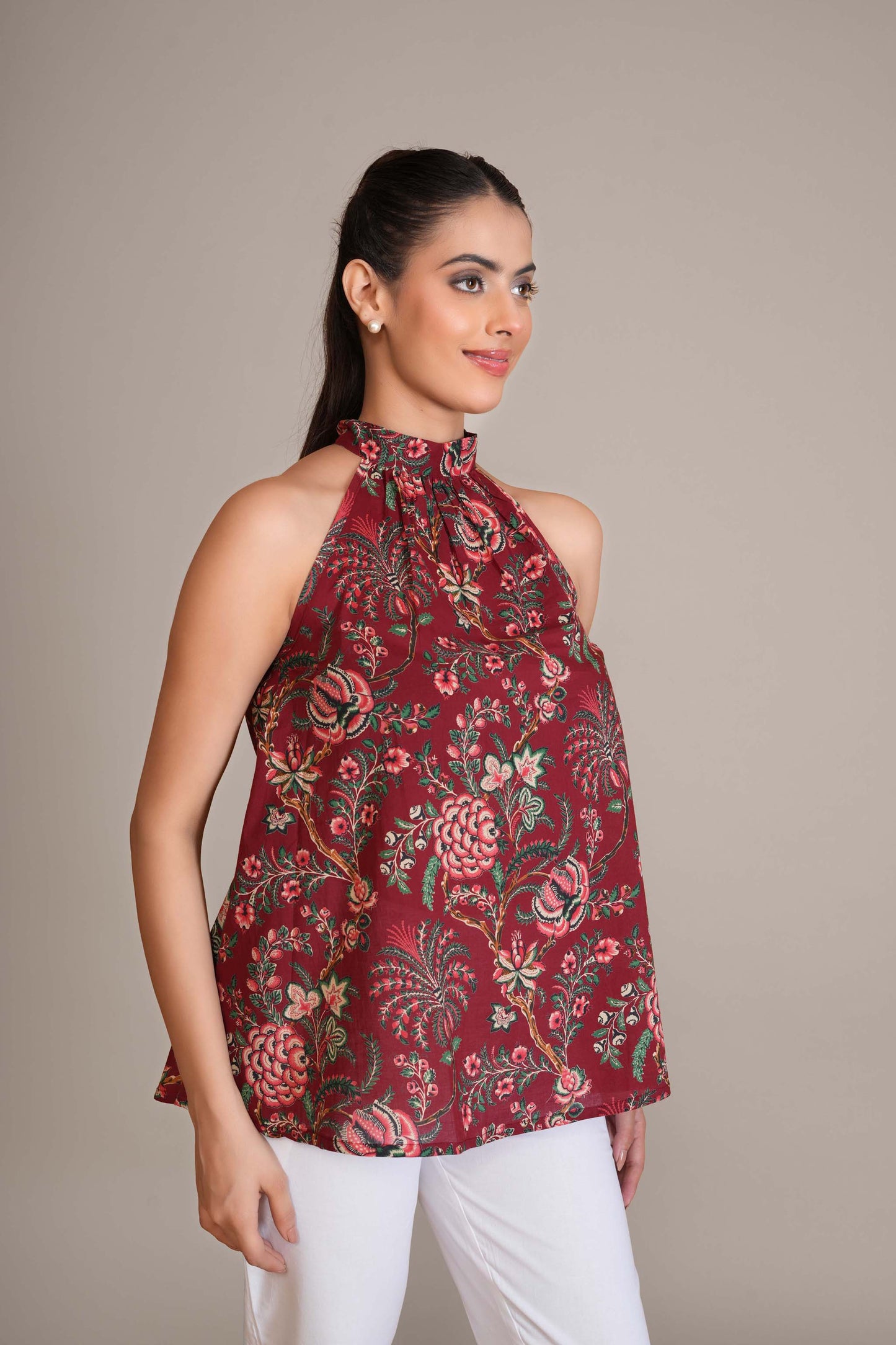 Crimson Red Floral Cotton Halter Top