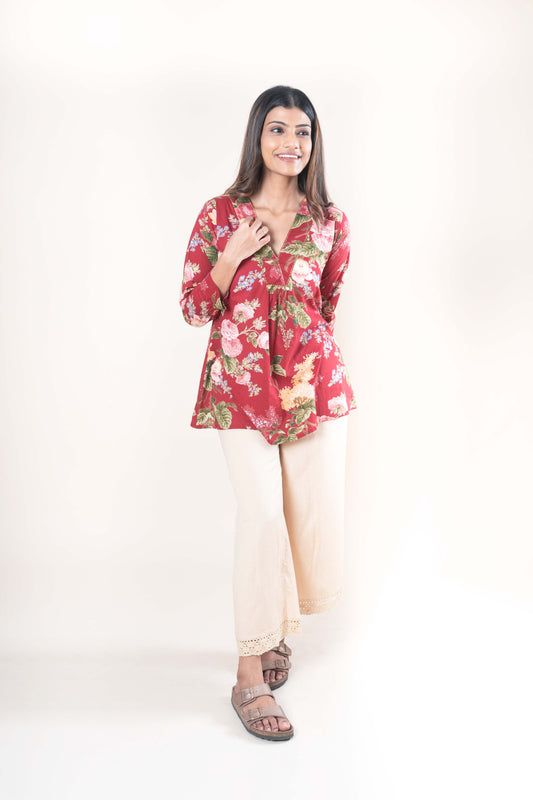 Deep Red Floral Printed Tunic Top