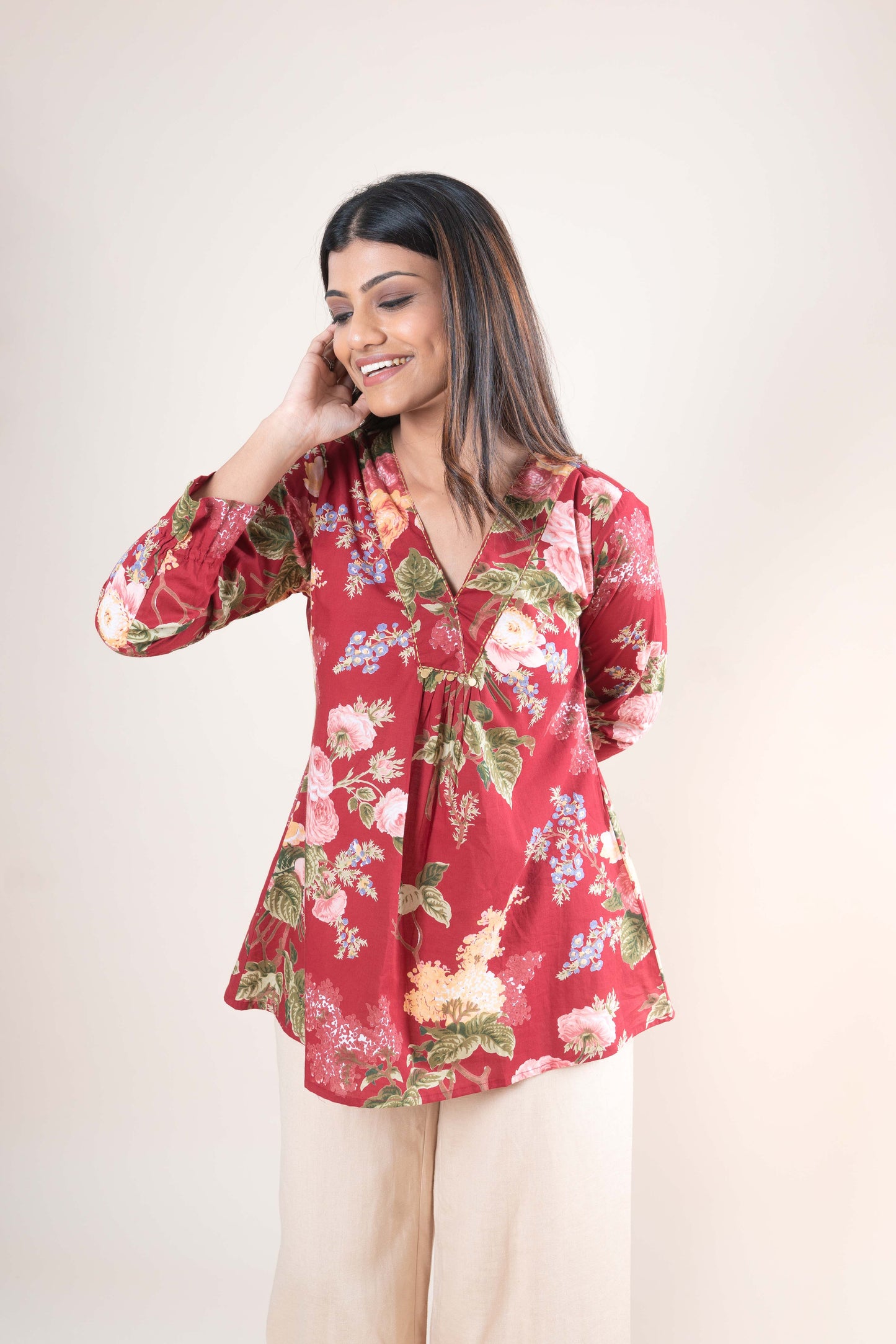 Deep Red Floral Printed Tunic Top