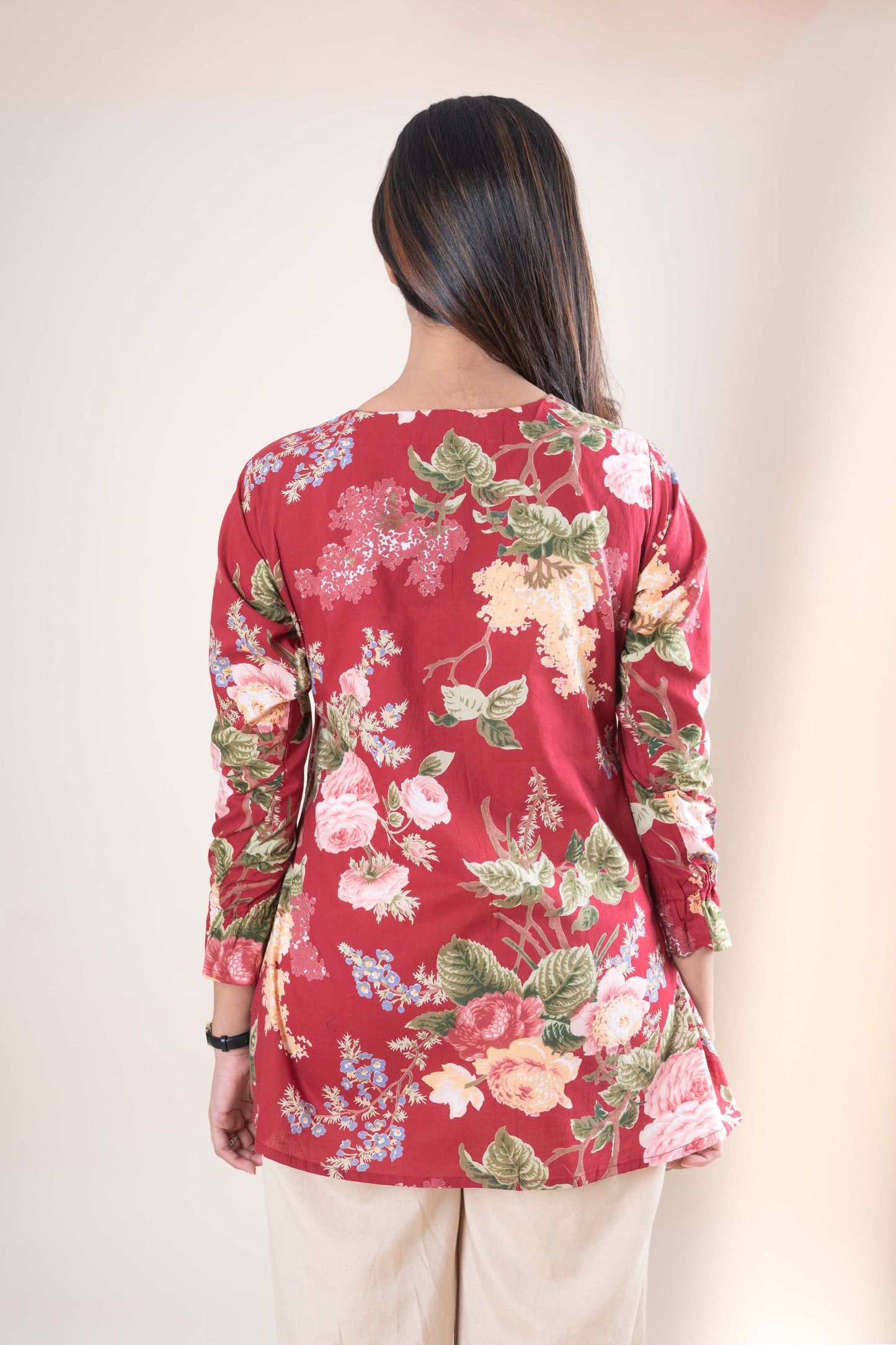 Deep Red Floral Printed Tunic Top