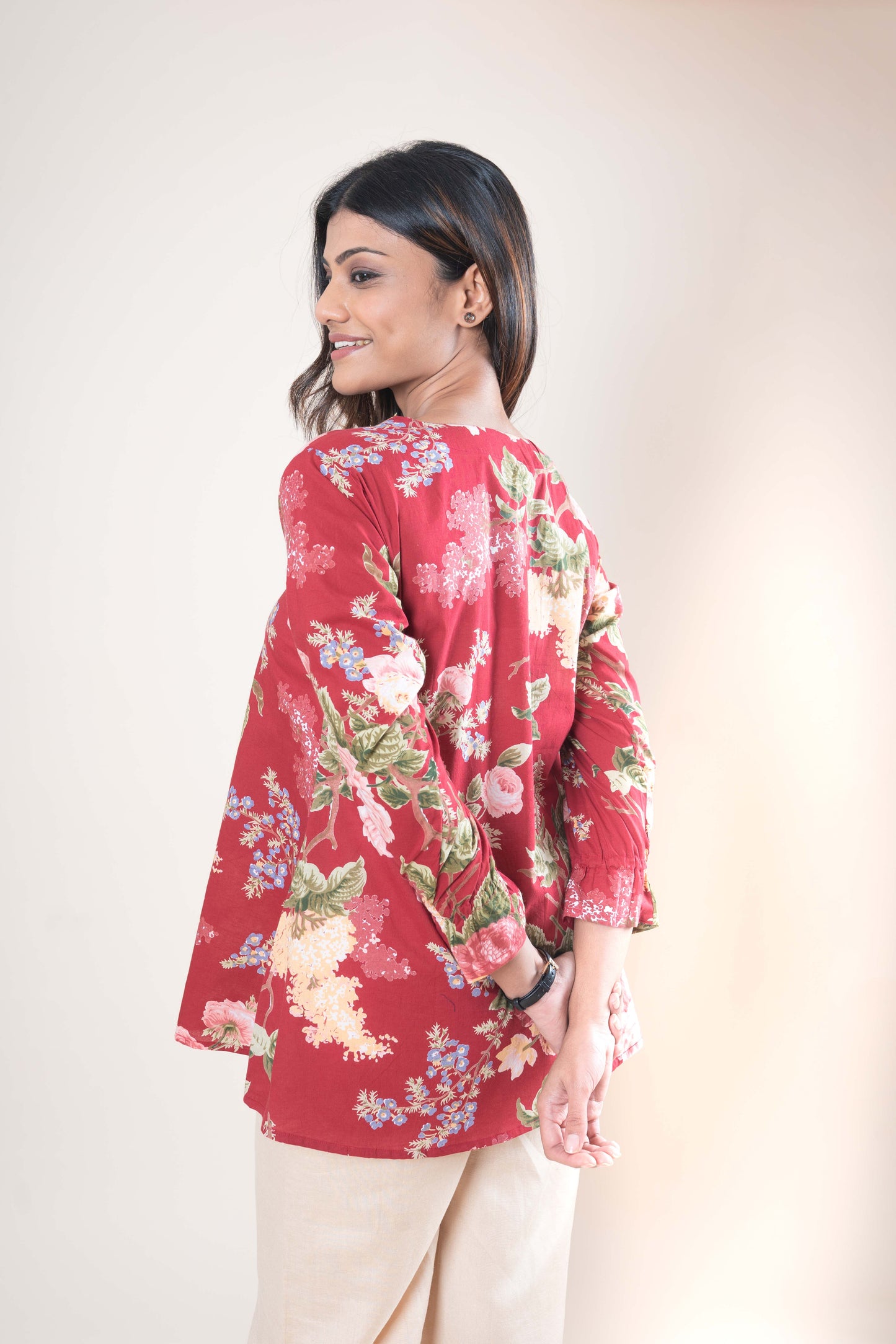 Deep Red Floral Printed Tunic Top