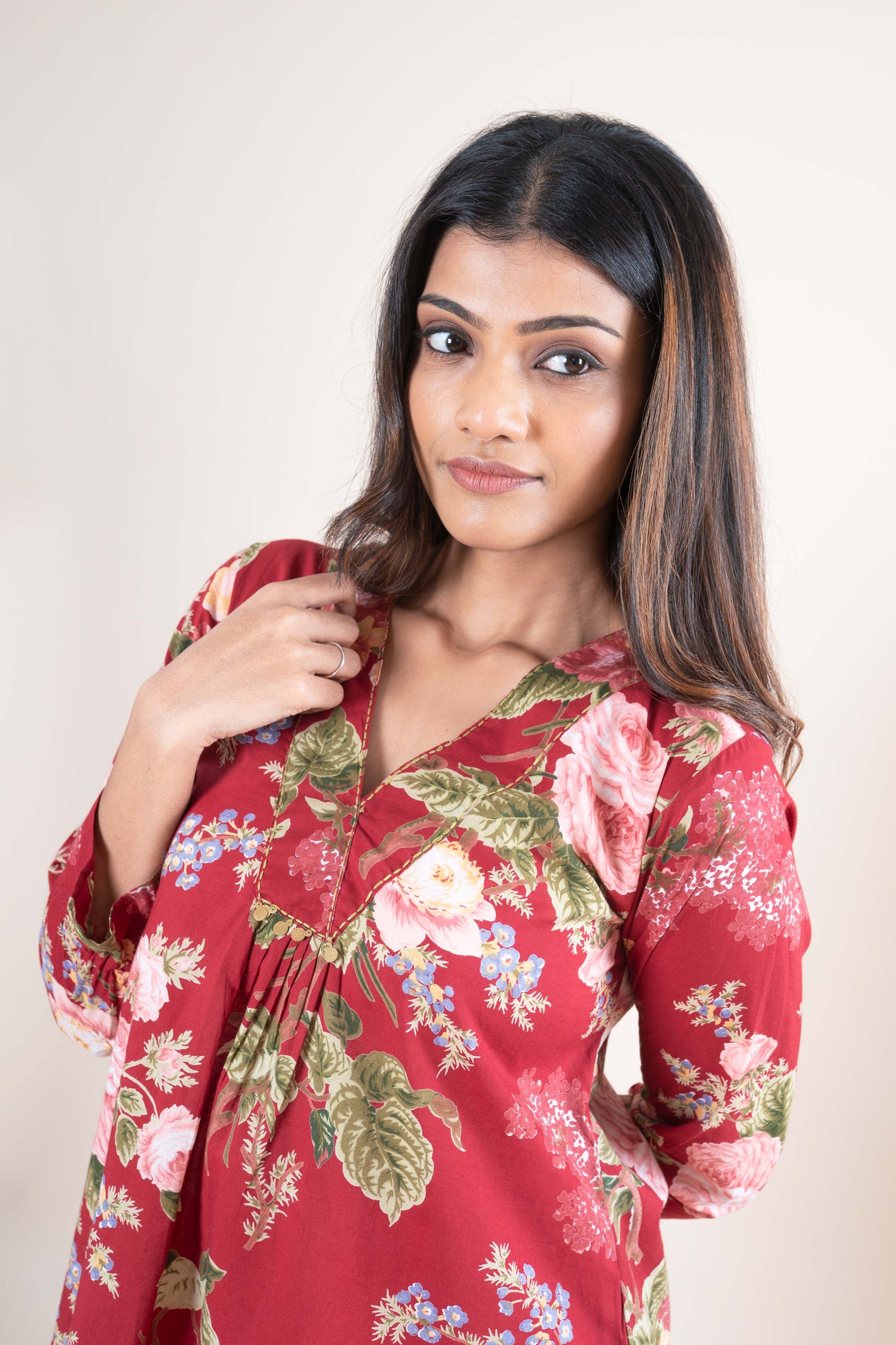 Deep Red Floral Printed Tunic Top