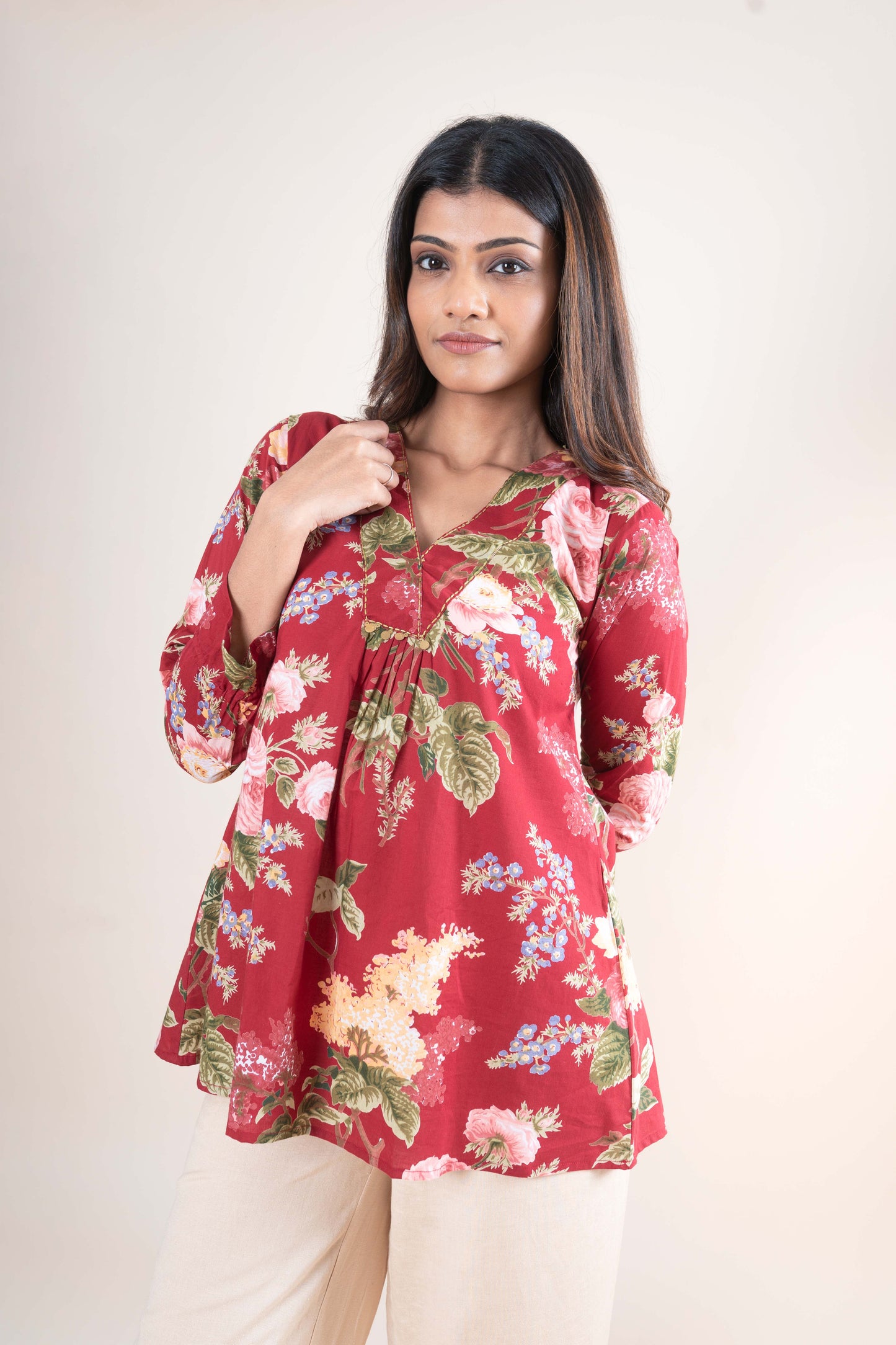 Deep Red Floral Printed Tunic Top