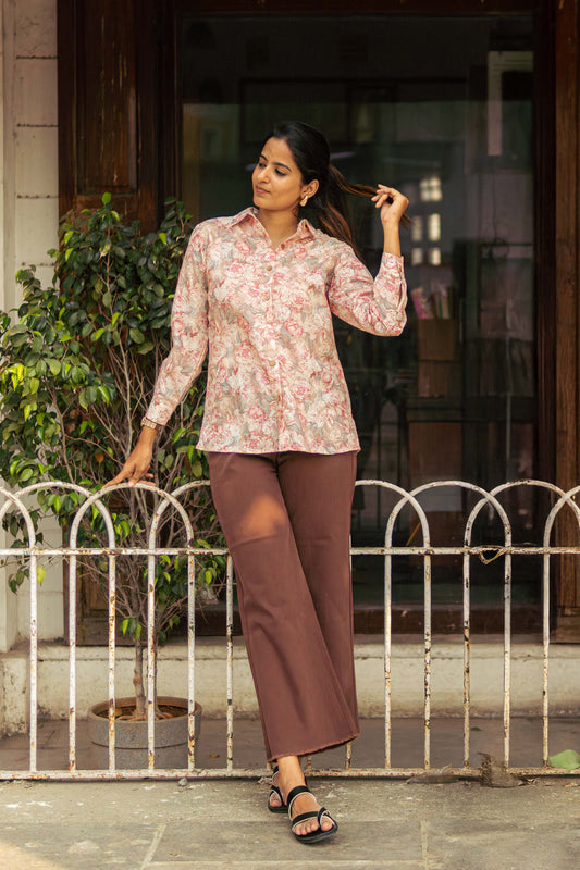 Dusty Rose Printed Cotton Shirt for Women