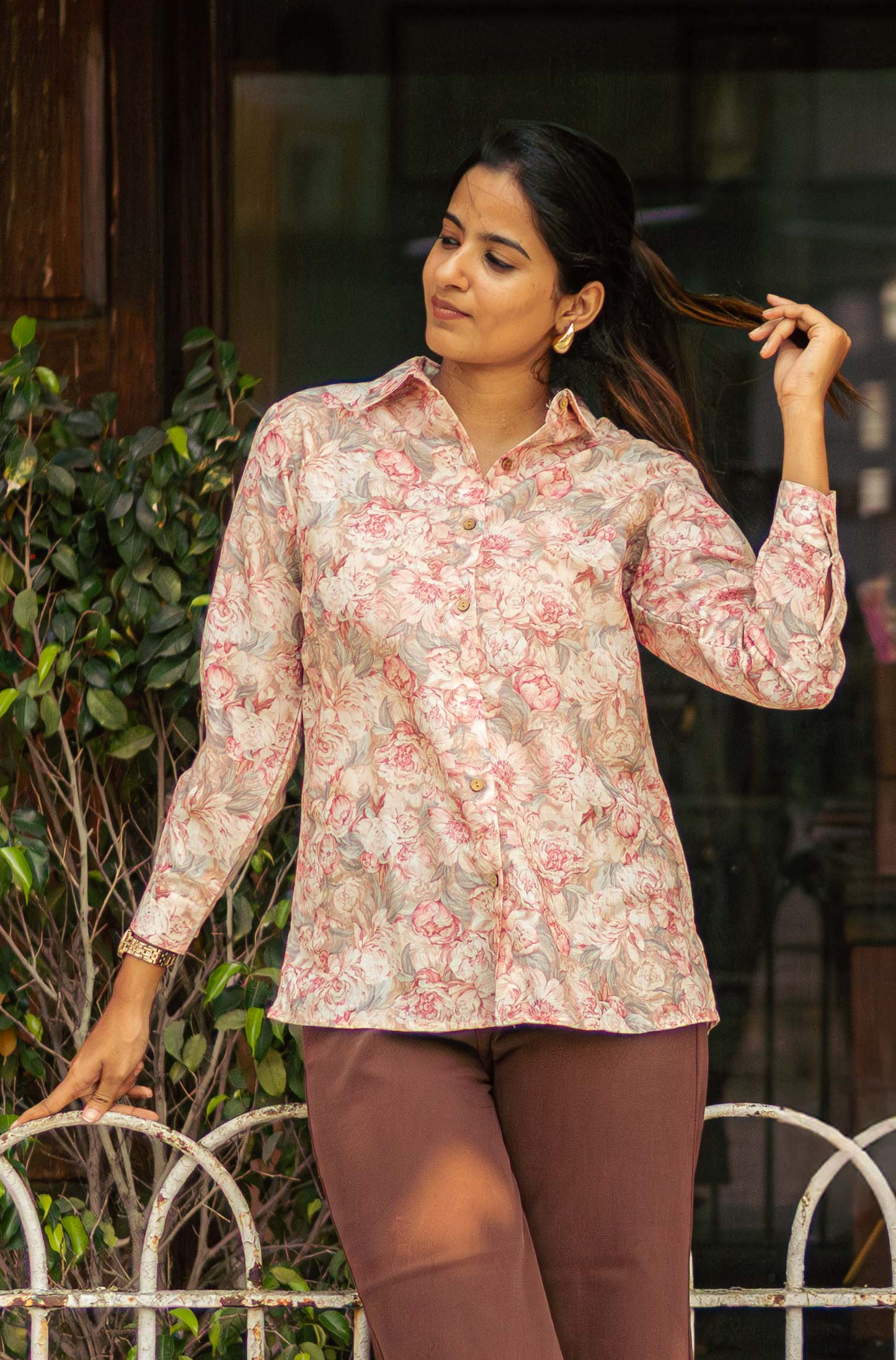 Dusty Rose Printed Cotton Shirt for Women