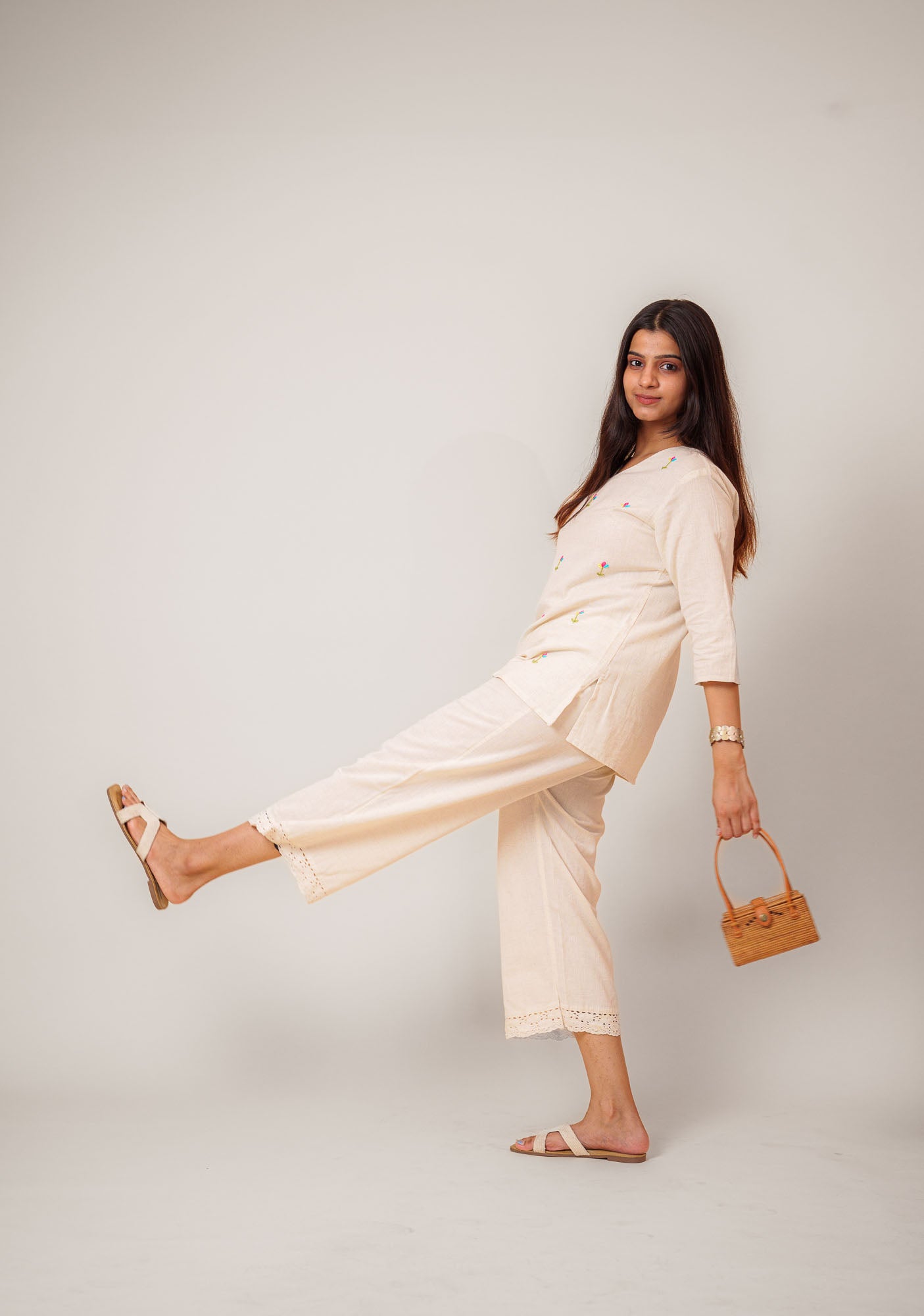 Flex Flower Embroidered Handwork V Neck Tunic Top
