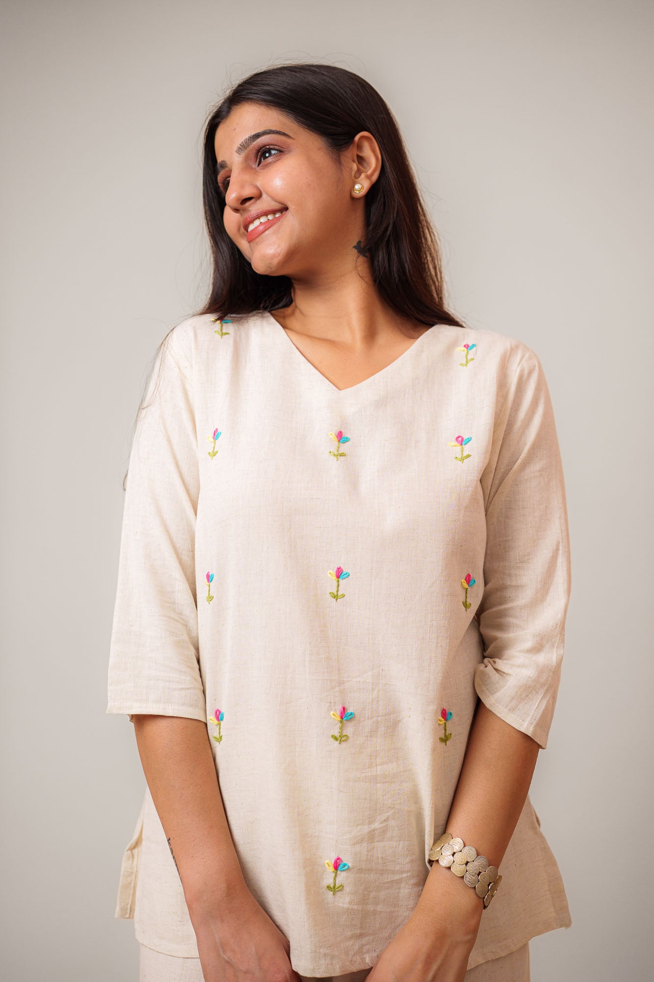Flex Flower Embroidered Handwork V Neck Tunic Top