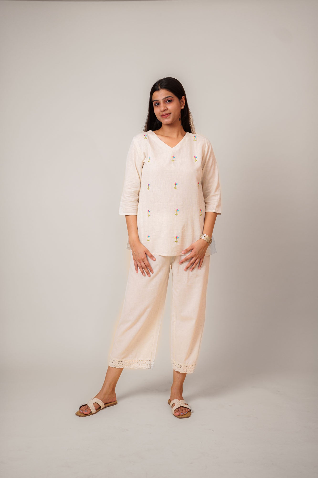 Flex Flower Embroidered Handwork V Neck Tunic Top