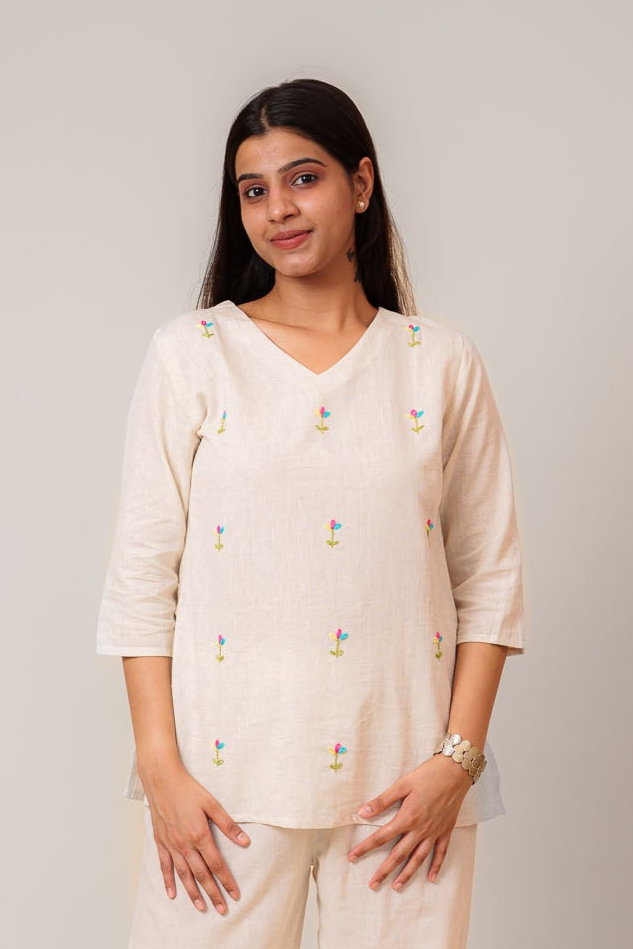 Flex Flower Embroidered Handwork V Neck Tunic Top