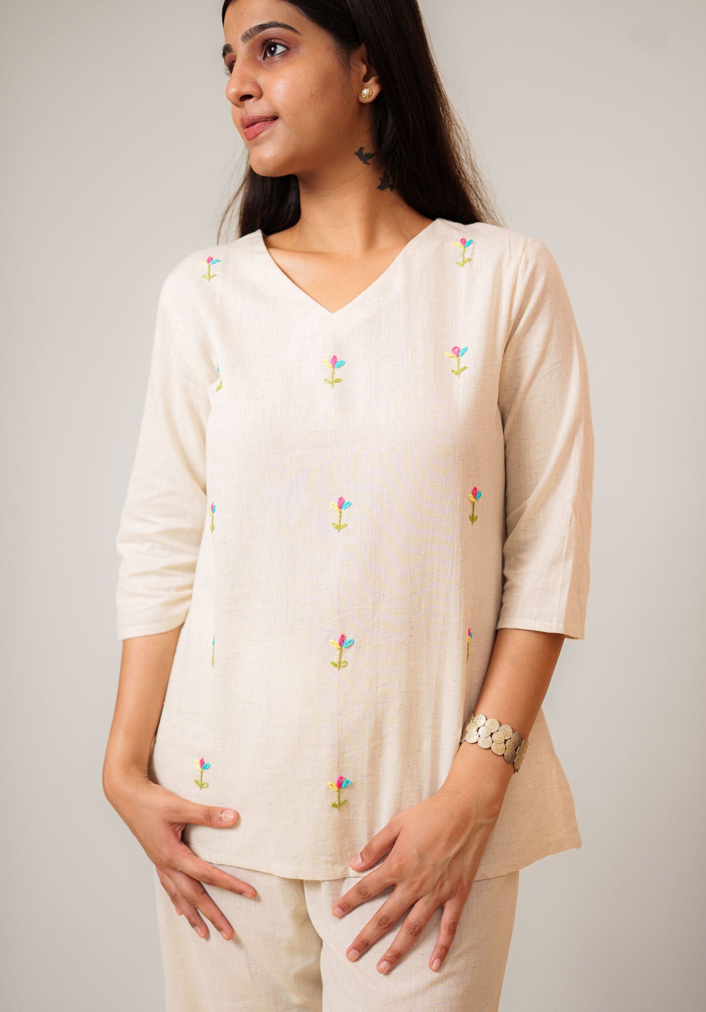 Flex Flower Embroidered Handwork V Neck Tunic Top