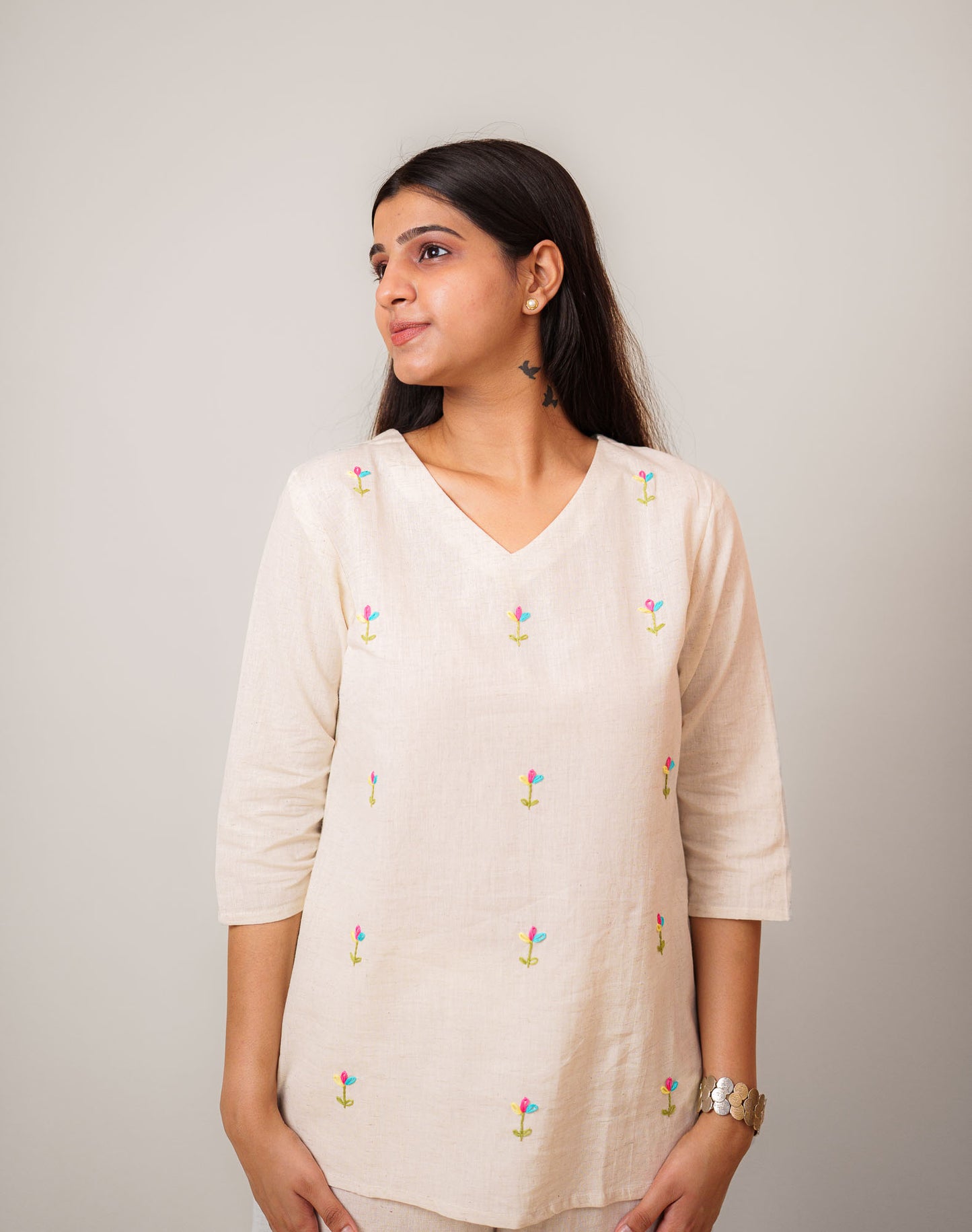 Flex Flower Embroidered Handwork V Neck Tunic Top