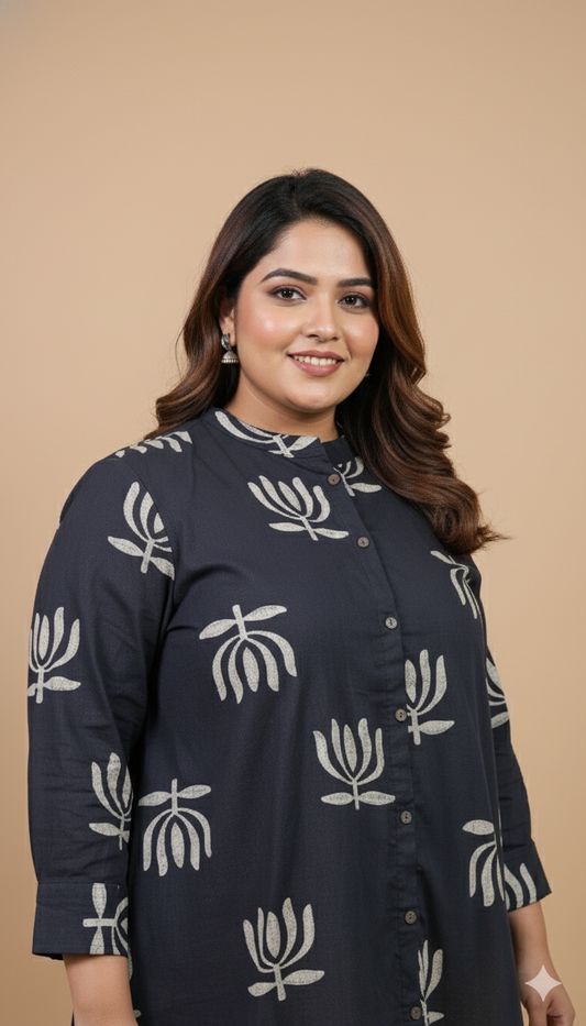 Black Lotus Printed Cotton Shirt