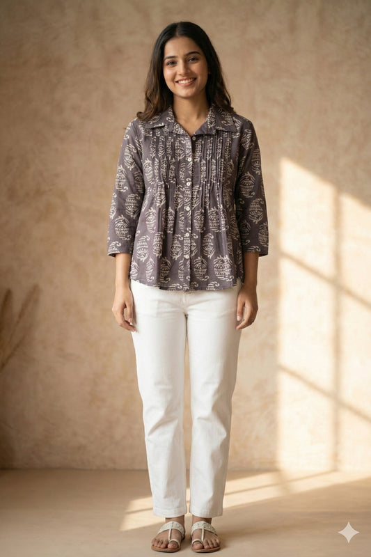 Grey Printed Cotton Top