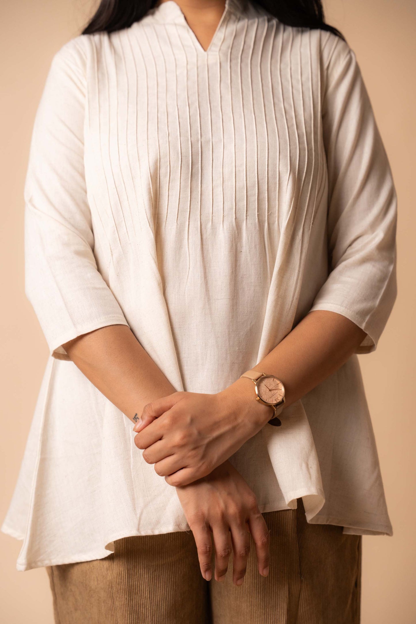 Half White Pintuck Mandarin Collar Top