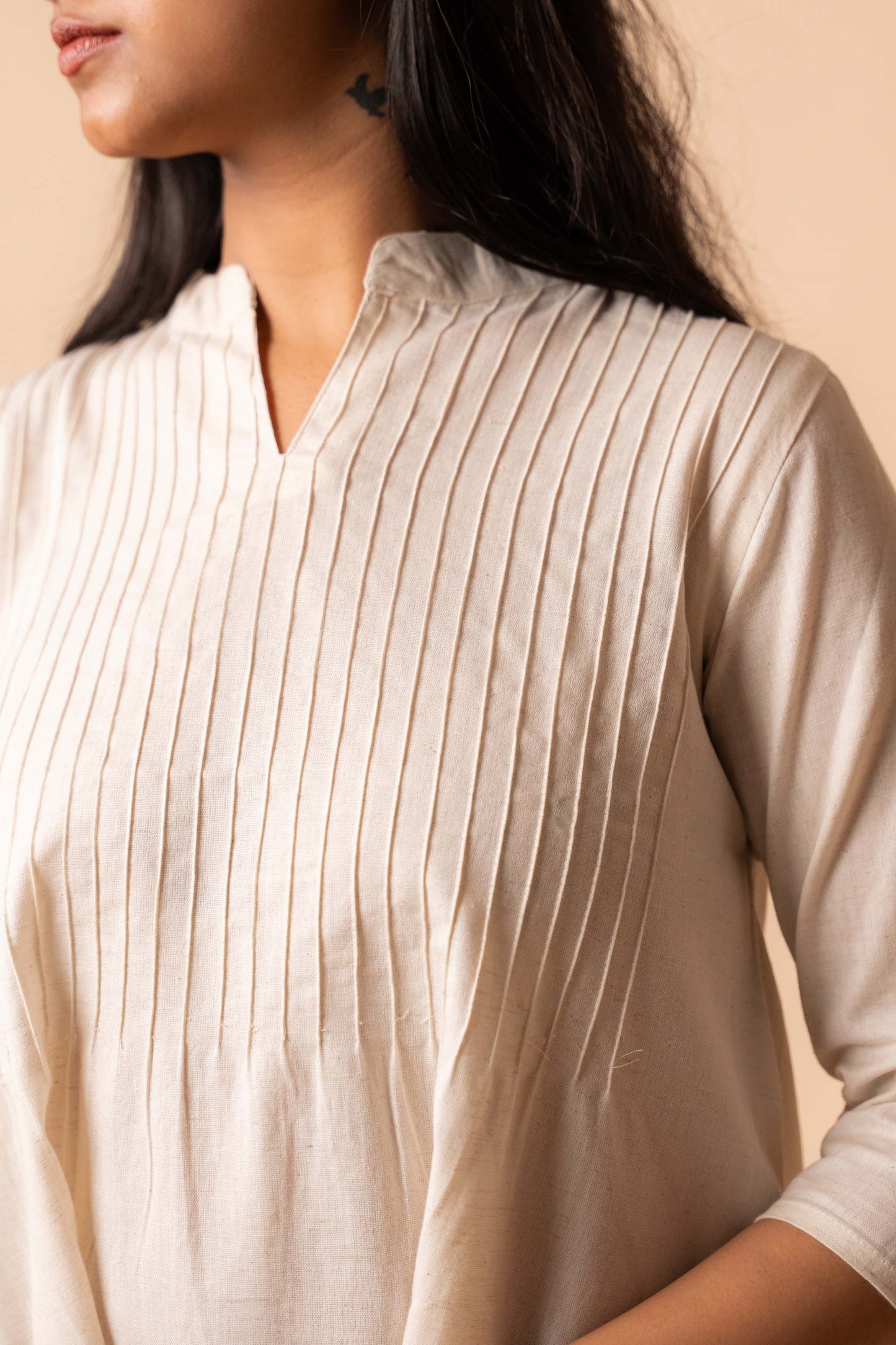 Half White Pintuck Mandarin Collar Top